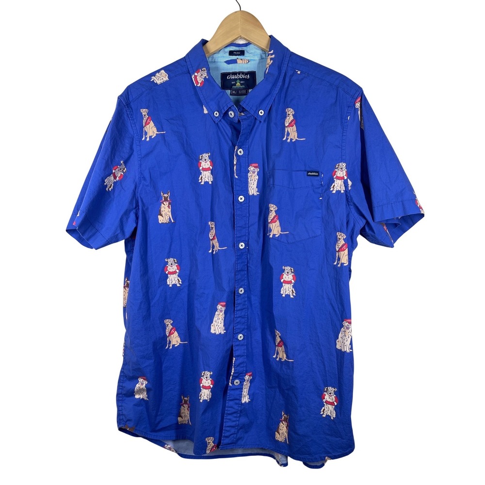 Chubbies Mens XL Blue Lifeguard Dog Print Short Sleeve Button Down Shirt Friday